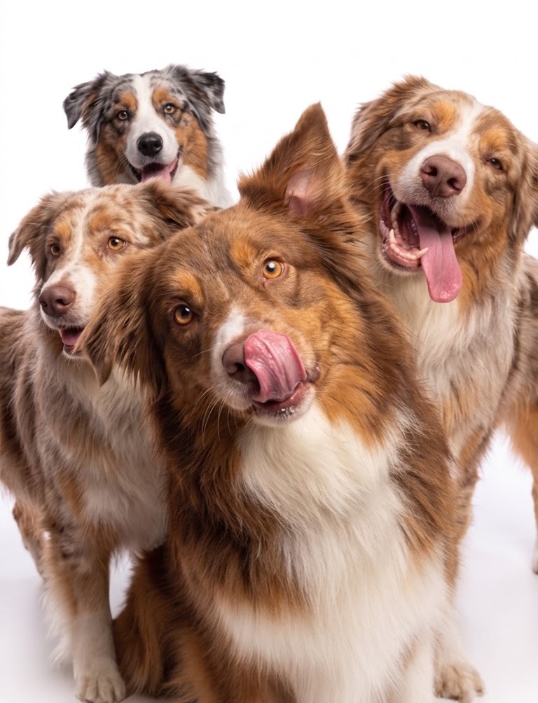 Molly, Birra, Bondi and Blue, four Australian Shepherds sitting together and looking at the camera against a white studio background