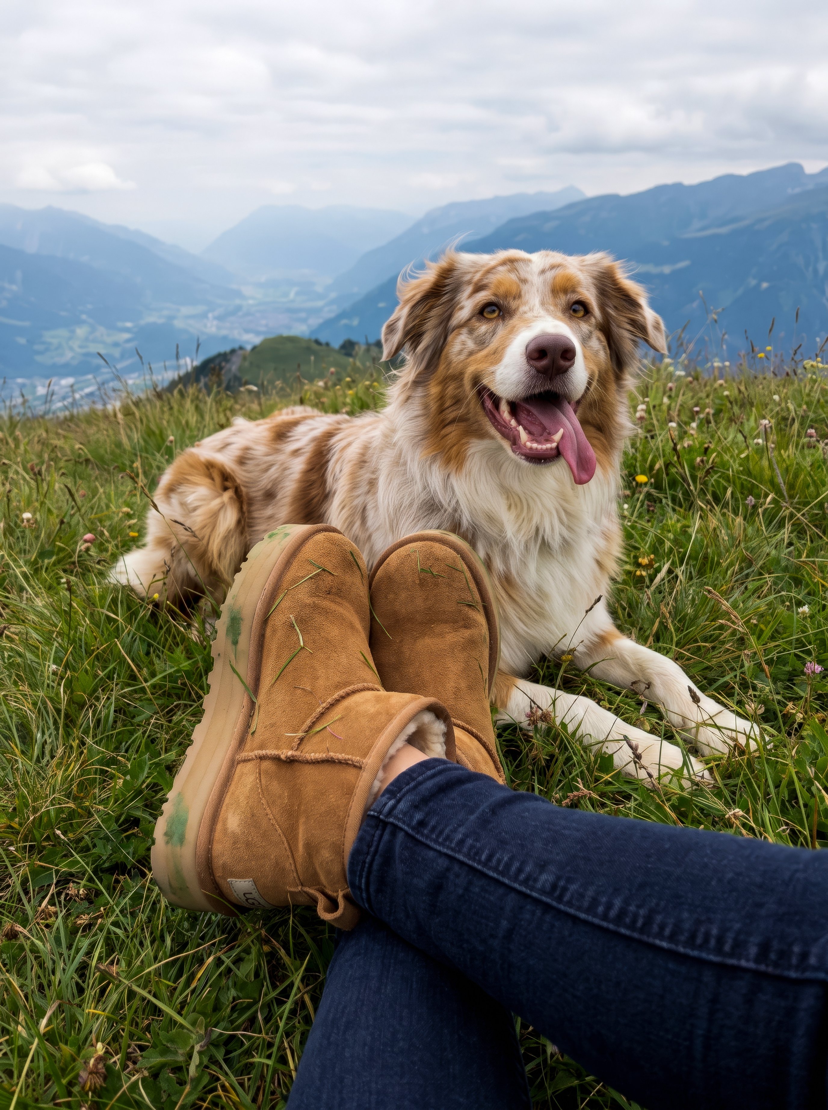 Merle Australian Shepherd resting on a mountain meadow behind a pair of brown boots